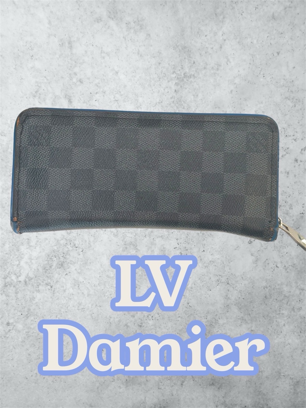 LV Alexandre NM Damier Graphite Canvas Blue Leather Clutch Long Wallet GUC